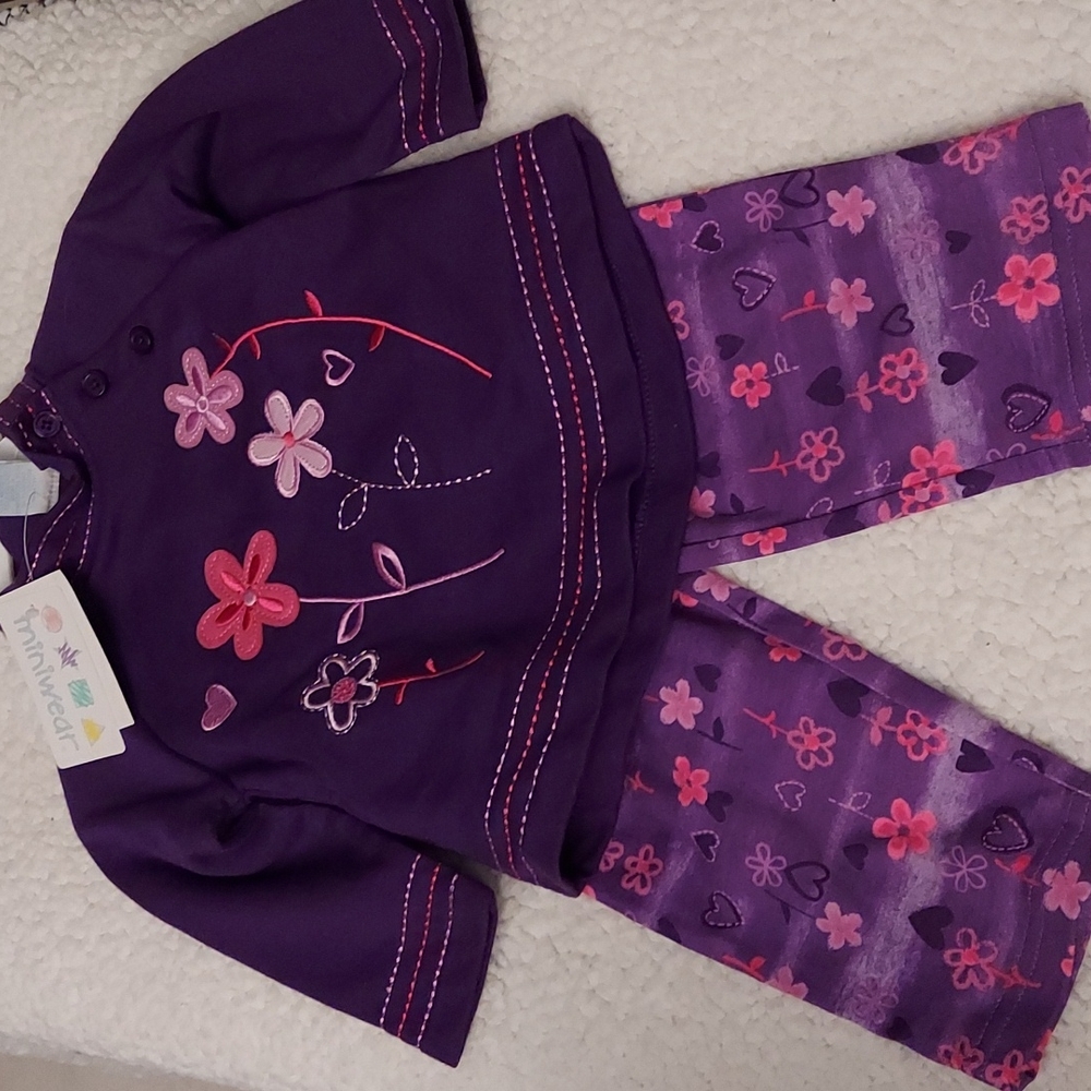 Miniwear 2 pc pants set purple with flowers